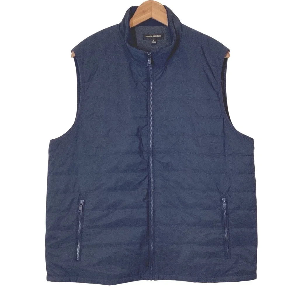Banana Republic Mens Navy Blue Quilted Puffer Vest Full Zip Jersey Lined - Large